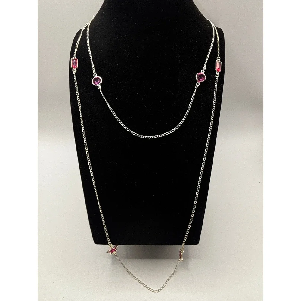 Candie's Station Necklace Women OS Silver Pink Star Gemstone Layered Long 32